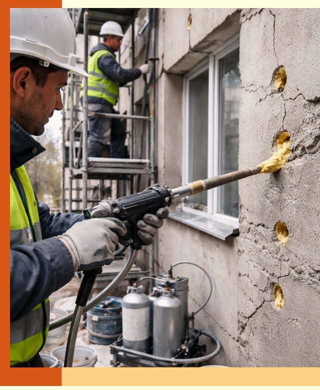 Заполнение пустот в фасаде и утепление стен в Выборге